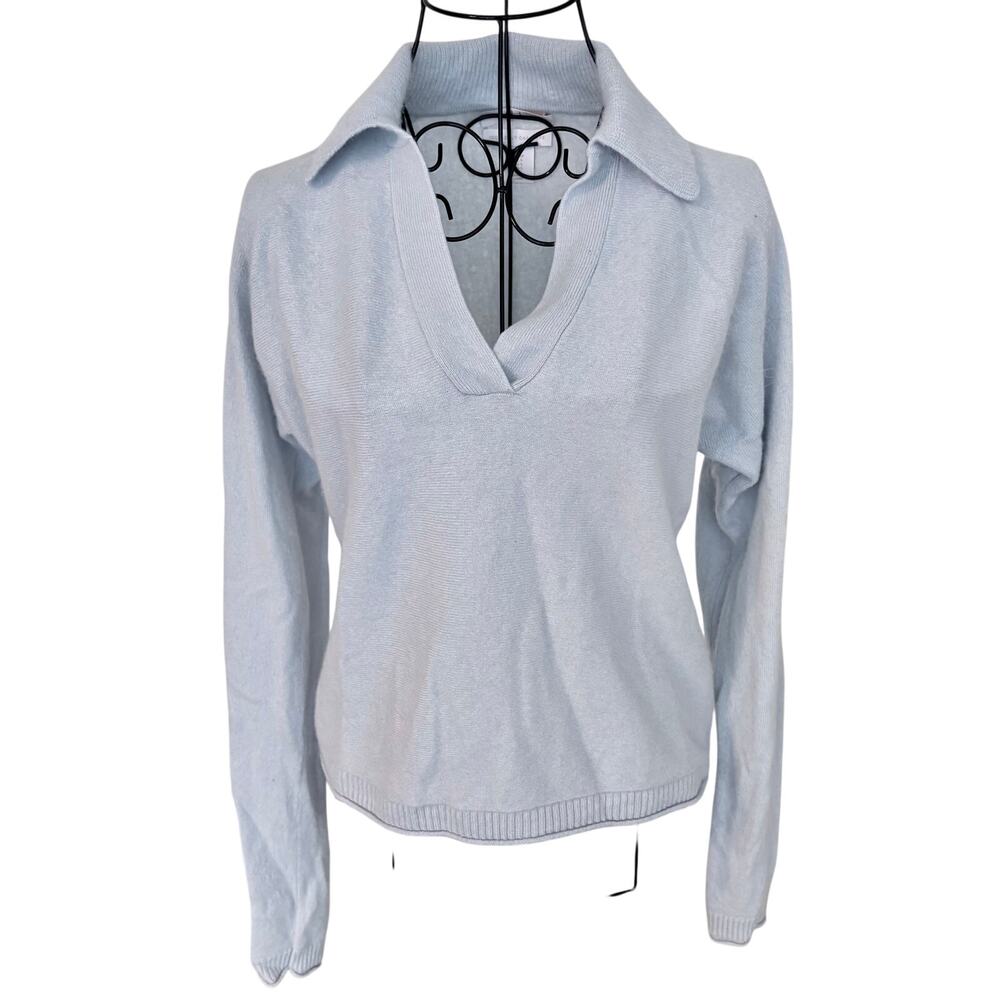H by Halston 100% 2-Ply Cashmere Powder Blue Collared Pullover Sweater
